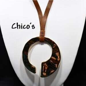 Chico’s Leather Necklace Large Gold C Pendant Adjustable 36” Modern Statement